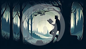 A silhouetted figure reading a book in a mystical forest setting