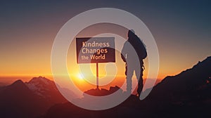 Silhouetted Figure at Sunrise with Inspiring Message on Mountain Top photo