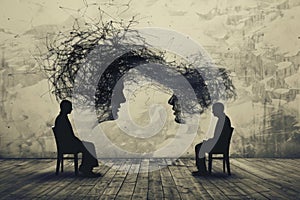 Silhouetted figures with intertwined mind lines in a psychologist session concept