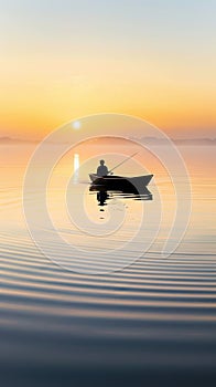 Silhouetted fisherman on a boat during a vibrant sunset over calm waters.