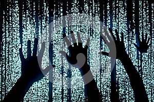 Hands Reaching Through Digital Matrix
