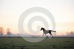 silhouetted horse cantering at dawn in a field