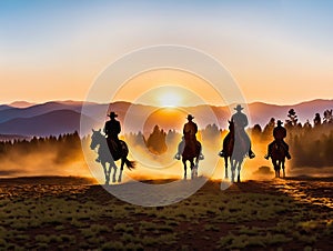 Silhouetted horses and riders at sunrise or sunset