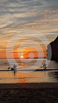 Silhouetted kayakers on ballybunion beach on the Wild Atlantic Way