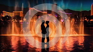 Silhouetted lovers standing side-by-side with a fountains on the background