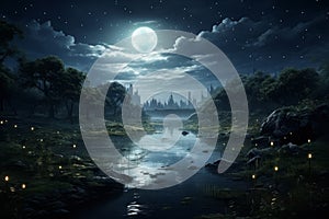 Silhouetted Moon night river. Generate Ai