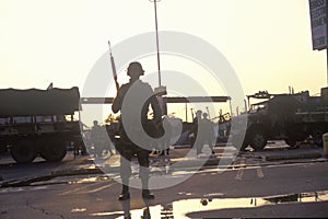 Silhouetted National Guard during 1992 riots, South Central Los Angeles, California