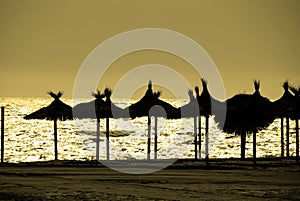 Silhouetted parasols on the beach, Marbella, Spain.