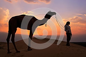 Silhouetted person with a camel at sunset, Thar desert near Jais