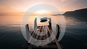 Silhouetted rowing boat on Lake Garda, Italy