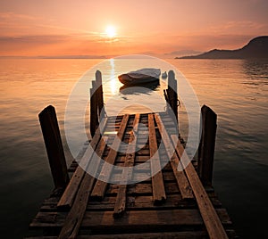 Silhouetted rowing boat on Lake Garda, Italy