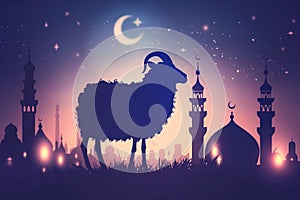 Silhouetted Sheep During Kurban Bayram With Moonlit Mosque Skyline