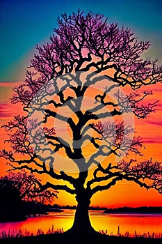 Silhouetted Silhouettes. Alone tree against the vibrant sunset sky