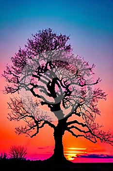 Silhouetted Silhouettes. Alone tree against the vibrant sunset sky