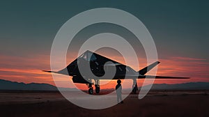 A silhouetted stealth aircraft, resembling an F-117 Nighthawk, stands on a runwa photo