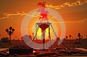 Silhouetted torch and palm trees at sunset in desert landscape