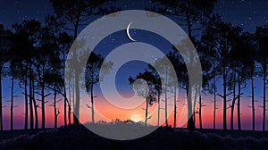 Silhouetted Trees Against a Dramatic Sunset and Starry Sky