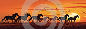 Silhouetted Wild Horses Running at Sunset - Freedom and Beauty in the Wilderness