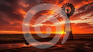 Silhouetted windmill at sunset