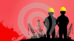 Silhouetted Workers at Construction Site with Cranes on a Red