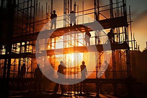 Silhouetted workers on scaffold, laboring under intense sunlights shadowy embrace