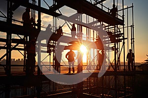 Silhouetted workers on scaffold, laboring under intense sunlights shadowy embrace