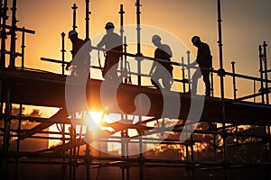 Silhouetted workers on scaffold, laboring under intense sunlights shadowy embrace