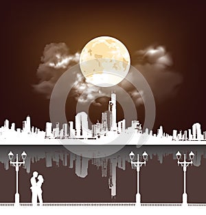 Silhouetted young lovers with city background