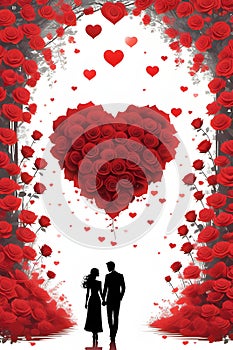 A silhouettenof a couple lover holdings hands, a romantic heart made of red rose, flower petals arounds them, dreamy, fantasy art