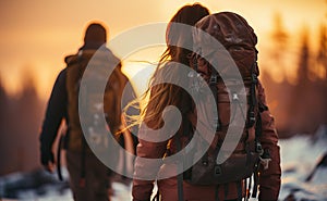Silhouettes of adventurers with backpacks journeying against a fiery sunset, capturing the essence of wanderlust.