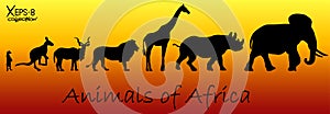 Silhouettes of animals of Africa: meerkat, kangaroo, kudu antelope, lion, giraffe, rhino, elephant