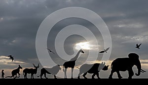 Silhouettes of animals on blue cloudy sunset