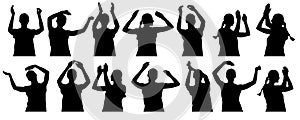 Silhouettes of applauding woman, clapping hands, waving hands. Set. Vector illustration