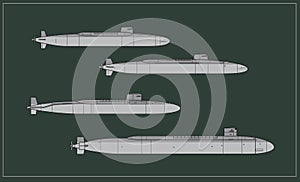 Silhouettes of balictic missile nuclear submarines. American Cold War SSBN.