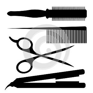 Silhouettes of barber tools: round comb, hairbrush, scissors and hair iron