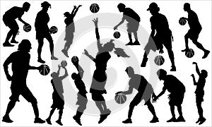 silhouettes and basketball vector set of players