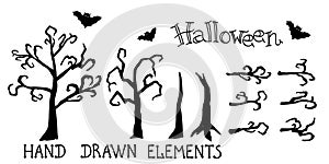 Silhouettes of  bat, bare tree, trunks and dry branches on white background. Hand drawn element design.