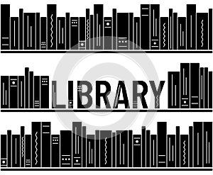 Silhouettes of Books on Shelves in the Library. Literature spines. Books folded into the word Library. Reading, learning