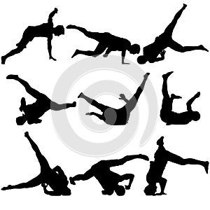 Silhouettes breakdancer on a white background.