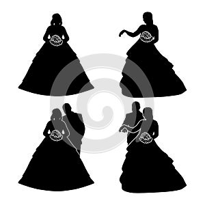 Silhouettes of the bride and groom with a bouquet, isolated on white.