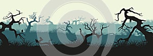 Silhouettes of broken trees and marsh grass. Swamp panorama. Horizontal image of old forest photo