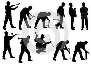 Silhouettes of man working with bricks, pliers, hammer, whipsaw.