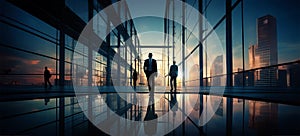 Silhouettes of business men walking at sunrise in a passage between modern high-tech all glass walls buildings.