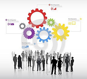 Silhouettes of Business People Discussing and Multicolored Gears