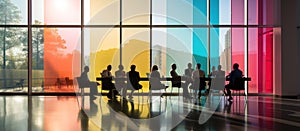 Silhouettes of business people in a meeting room with large windows