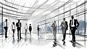 Silhouettes of business people in office building