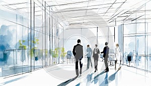 Silhouettes of business people in office building