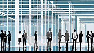 Silhouettes of business people in office building