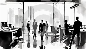 Silhouettes of business people in office building