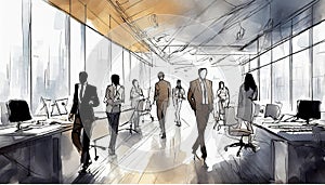 Silhouettes of business people in office building